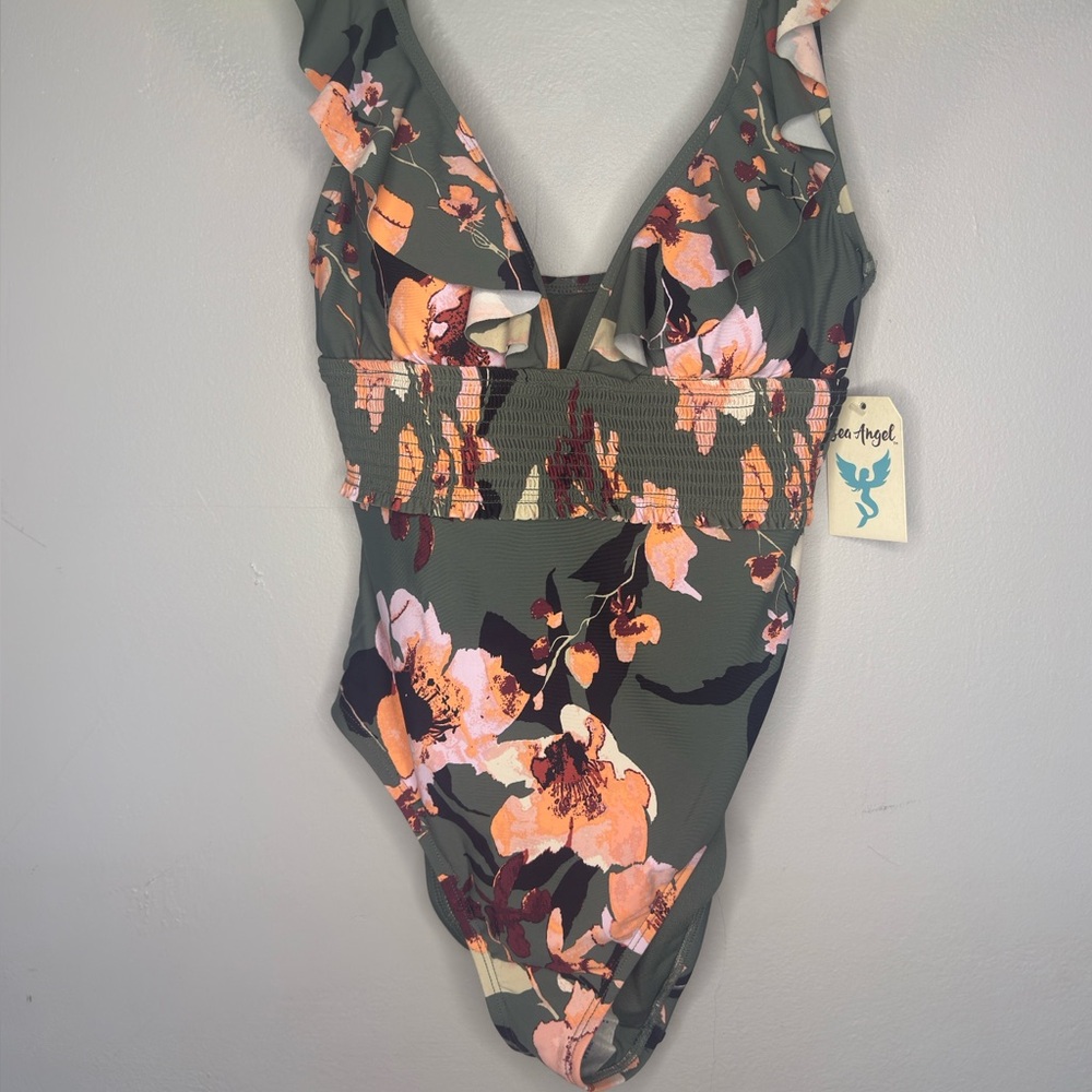 Green & Peach Floral Ruffle Straps One-Piece Swimsuit Size Small NWT